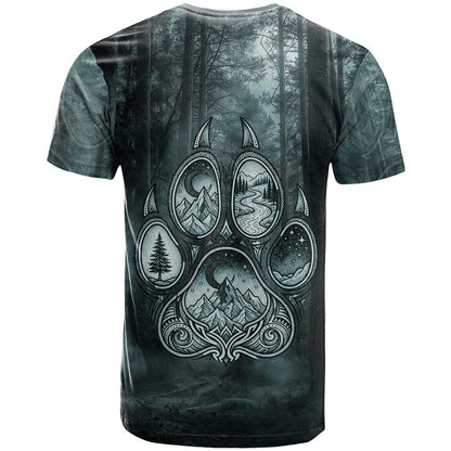 Spirit Guide Wolf T-Shirt with Forest Background Tribal Paw Print with Nature Symbols Native American Graphic Tee