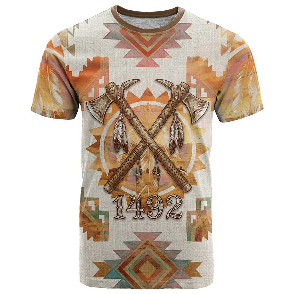 Native American Headdress and Tomahawk T-Shirt with 1492 Symbolic Date Traditional Feather Motif Indigenous Heritage Graphic Tee