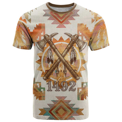Native American Headdress and Tomahawk T-Shirt with 1492 Symbolic Date Traditional Feather Motif Indigenous Heritage Graphic Tee