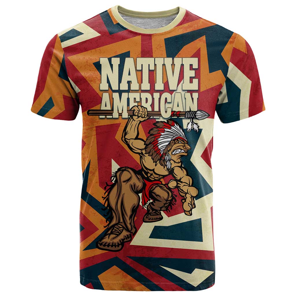 Native American Warrior T-Shirt with Tribal Geometric Pattern Bold Sunset Mountain Graphic Tee