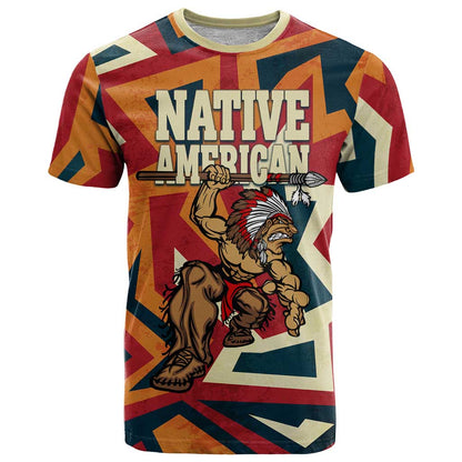 Native American Warrior T-Shirt with Tribal Geometric Pattern Bold Sunset Mountain Graphic Tee