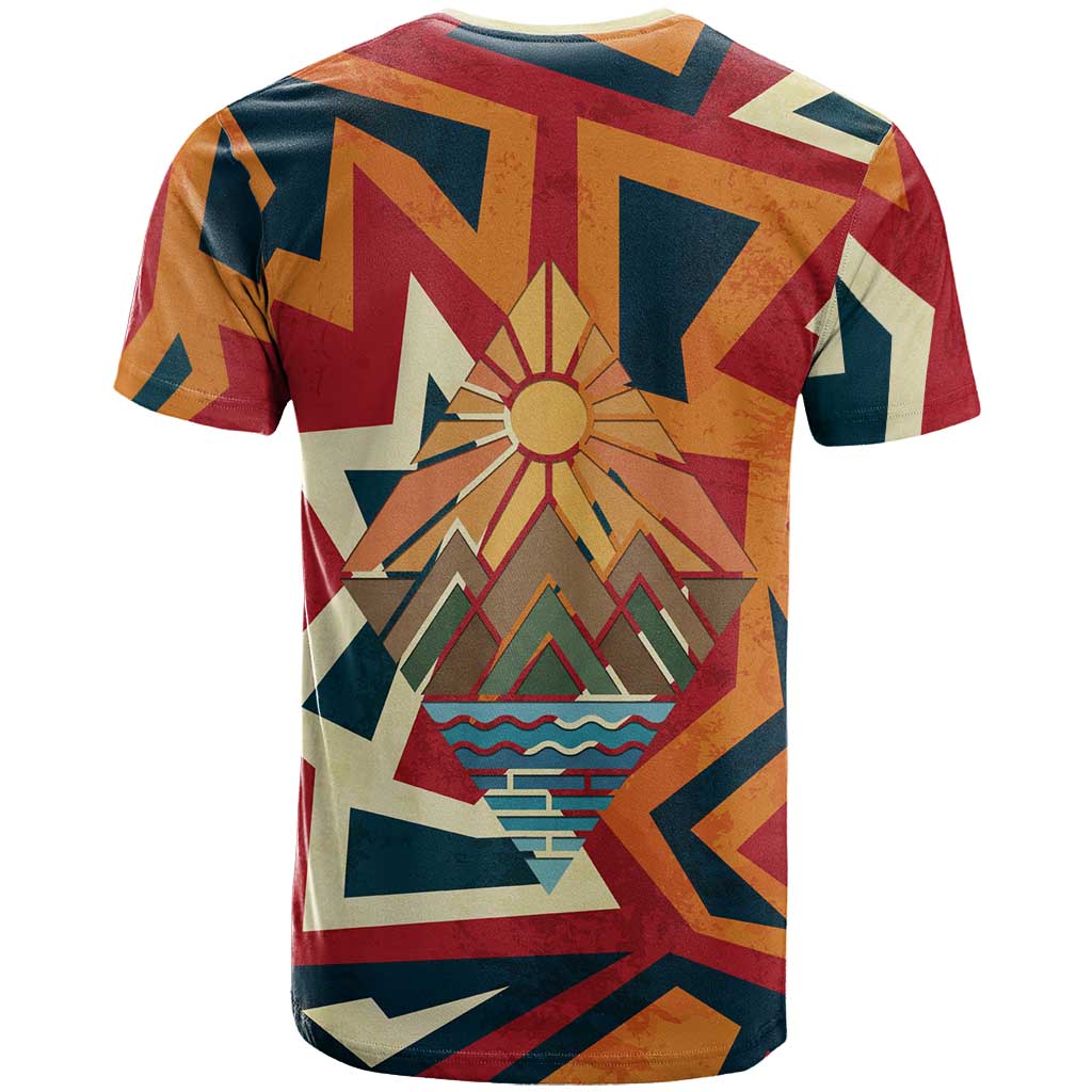 Native American Warrior T-Shirt with Tribal Geometric Pattern Bold Sunset Mountain Graphic Tee