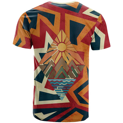 Native American Warrior T-Shirt with Tribal Geometric Pattern Bold Sunset Mountain Graphic Tee