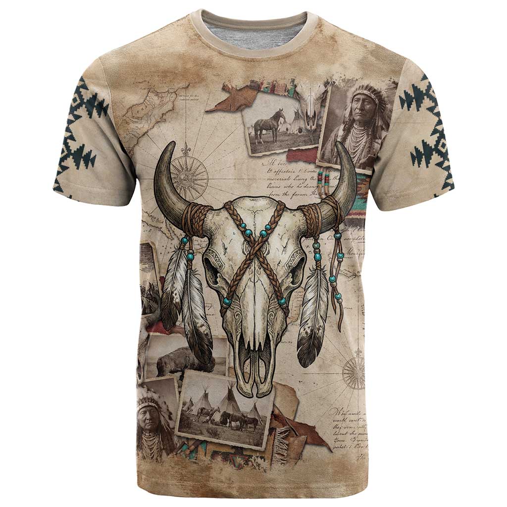 Buffalo Skull T-Shirt Feathers Tribal Map and Historical Indigenous Native American Heritage Bison Graphic Tee
