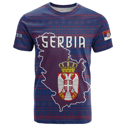 Serbia T-Shirt with National Map and Coat of Arms Design in Blue Red Pattern Graphic Tee