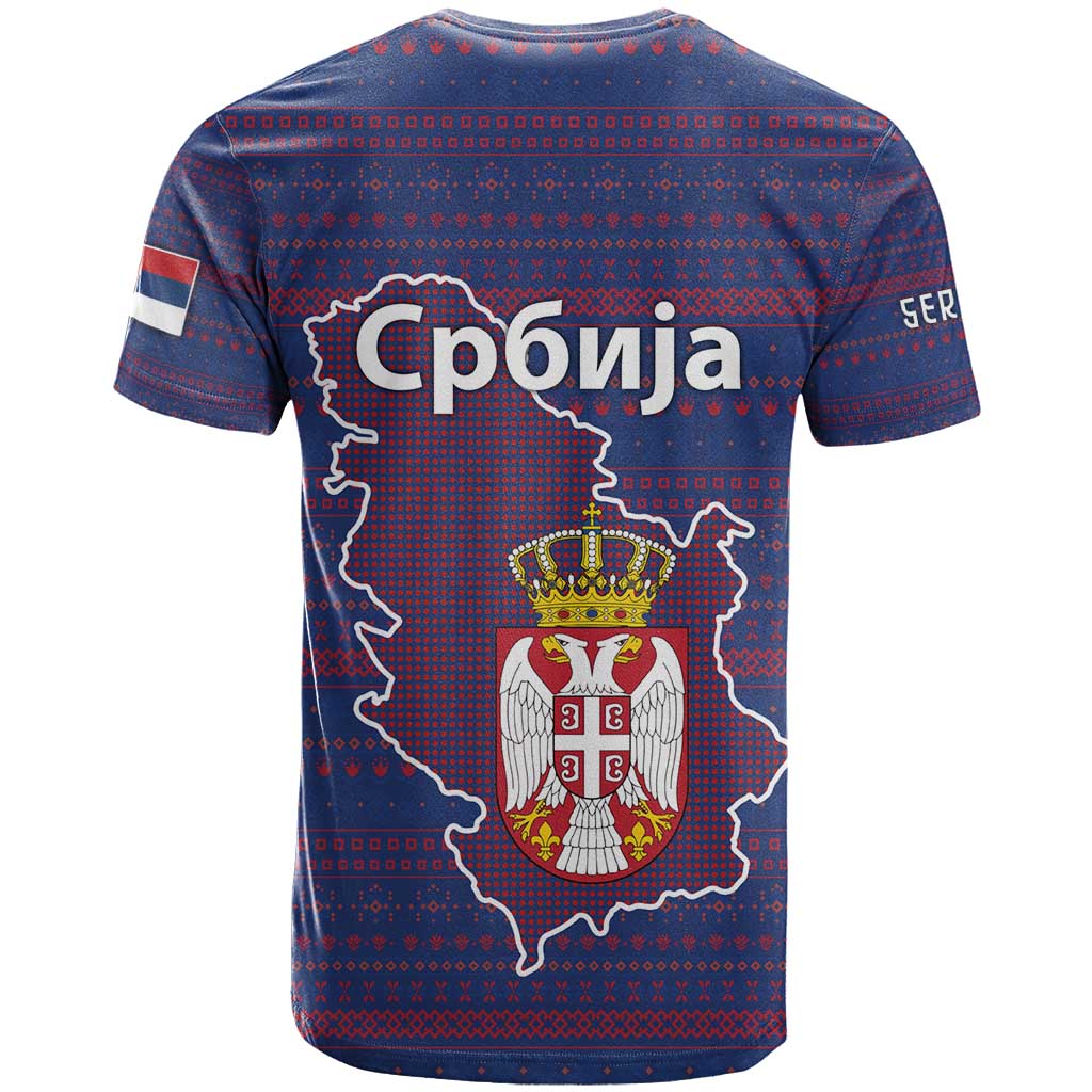 Serbia T-Shirt with National Map and Coat of Arms Design in Blue Red Pattern Graphic Tee
