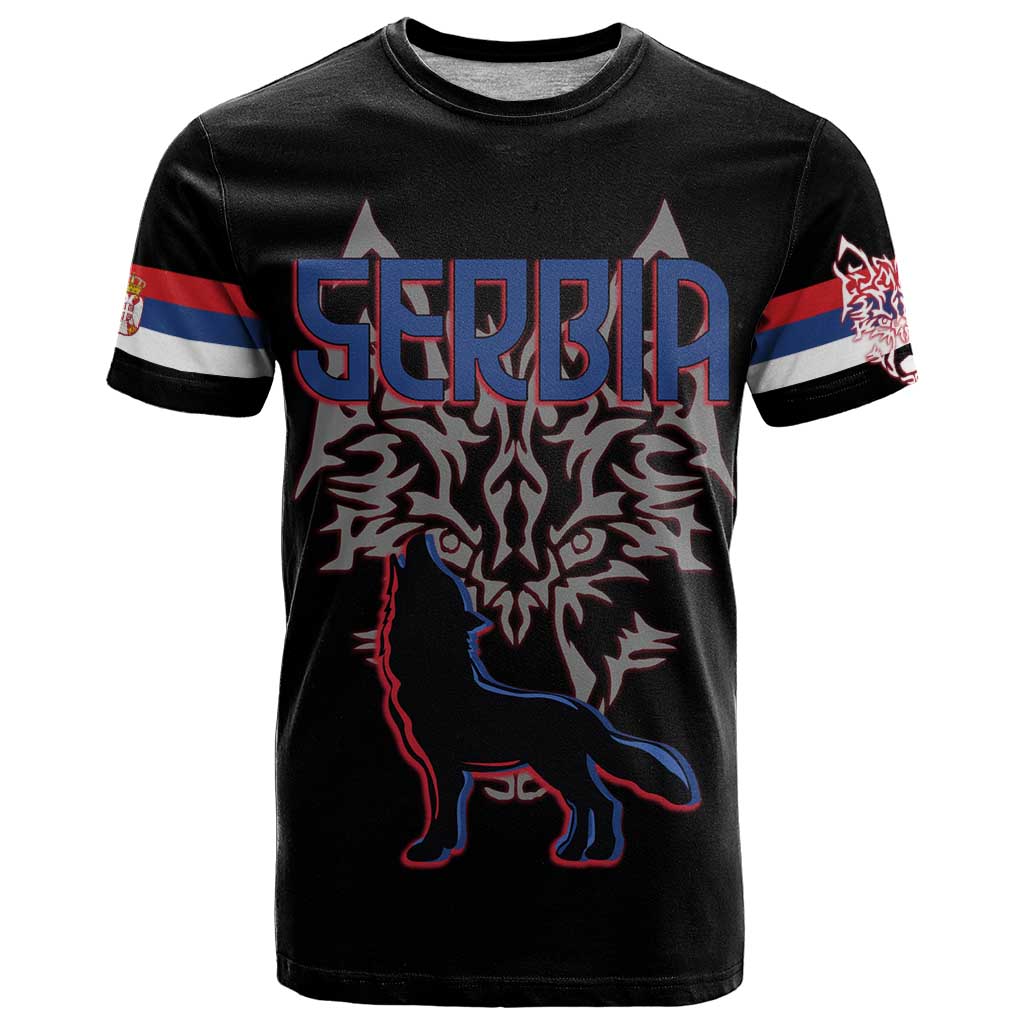 Serbia T-Shirt with Wolf Head Graphic, Howling Wolf, and National Flag Stripes Graphic Tee