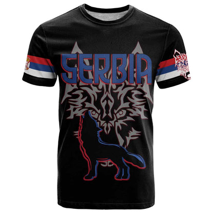 Serbia T-Shirt with Wolf Head Graphic, Howling Wolf, and National Flag Stripes Graphic Tee