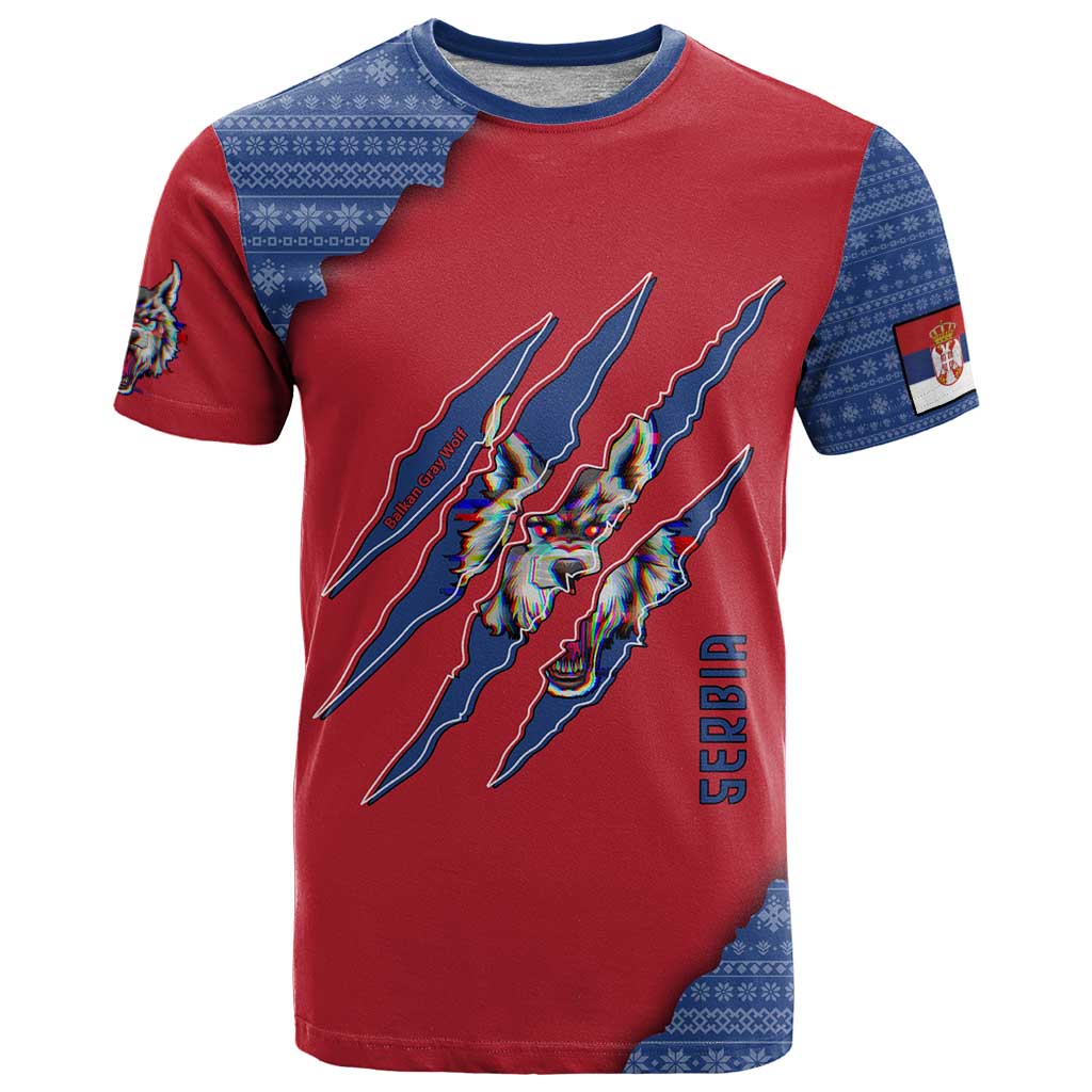 Serbia T-Shirt with Balkan Gray Wolf, Claw Marks, and Flag Sleeve Design Graphic Tee