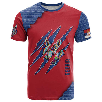 Serbia T-Shirt with Balkan Gray Wolf, Claw Marks, and Flag Sleeve Design Graphic Tee