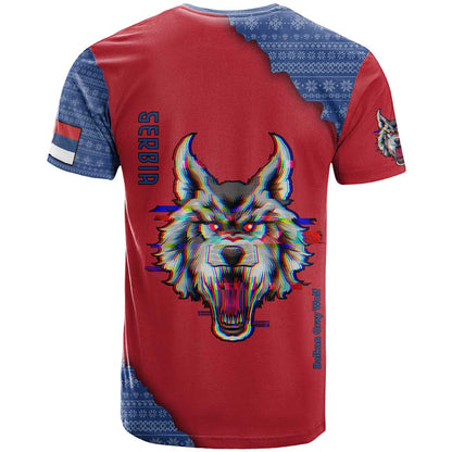 Serbia T-Shirt with Balkan Gray Wolf, Claw Marks, and Flag Sleeve Design Graphic Tee