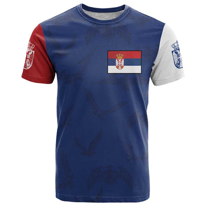 Serbia Flag T-Shirt with Double-Headed Eagle and National Coat of Arms Design Graphic Tee