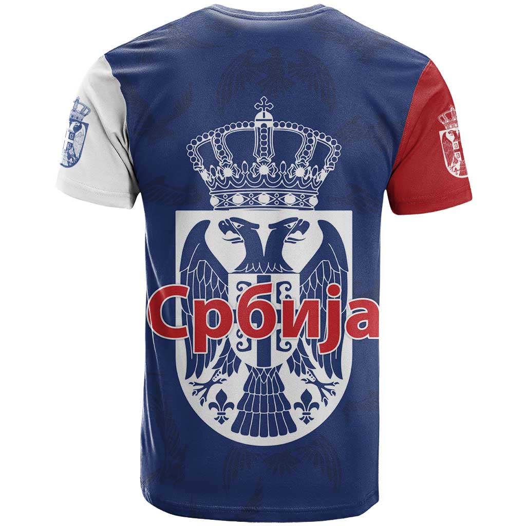 Serbia Flag T-Shirt with Double-Headed Eagle and National Coat of Arms Design Graphic Tee