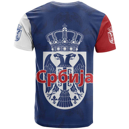 Serbia Flag T-Shirt with Double-Headed Eagle and National Coat of Arms Design Graphic Tee