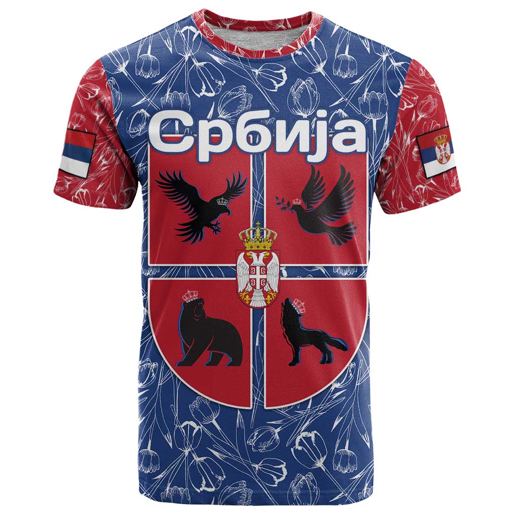 Serbia T-Shirt with Royal Animal Crest and Tulip Floral Blue Background Graphic Tee