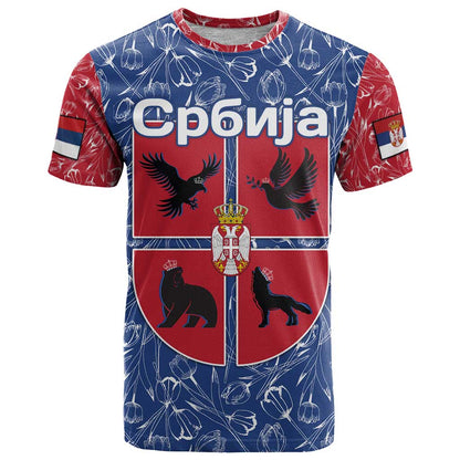 Serbia T-Shirt with Royal Animal Crest and Tulip Floral Blue Background Graphic Tee