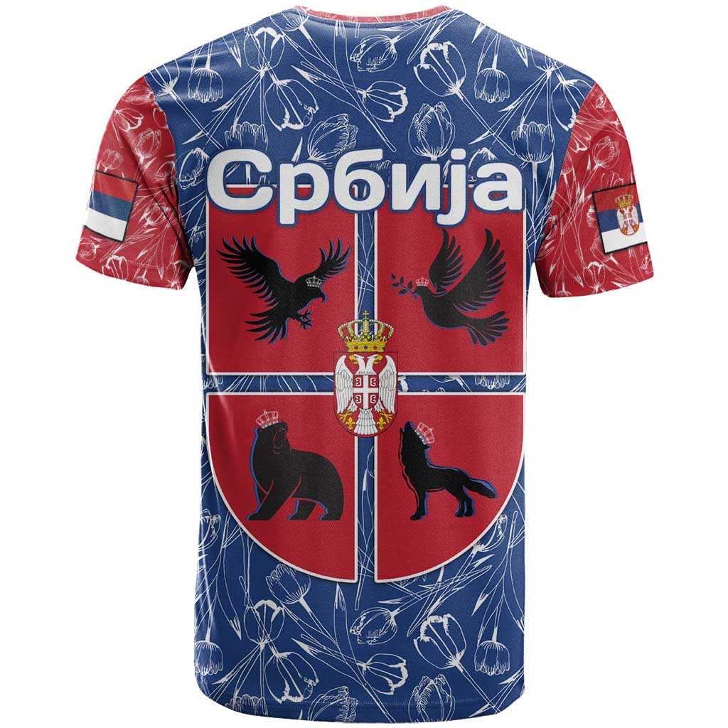 Serbia T-Shirt with Royal Animal Crest and Tulip Floral Blue Background Graphic Tee