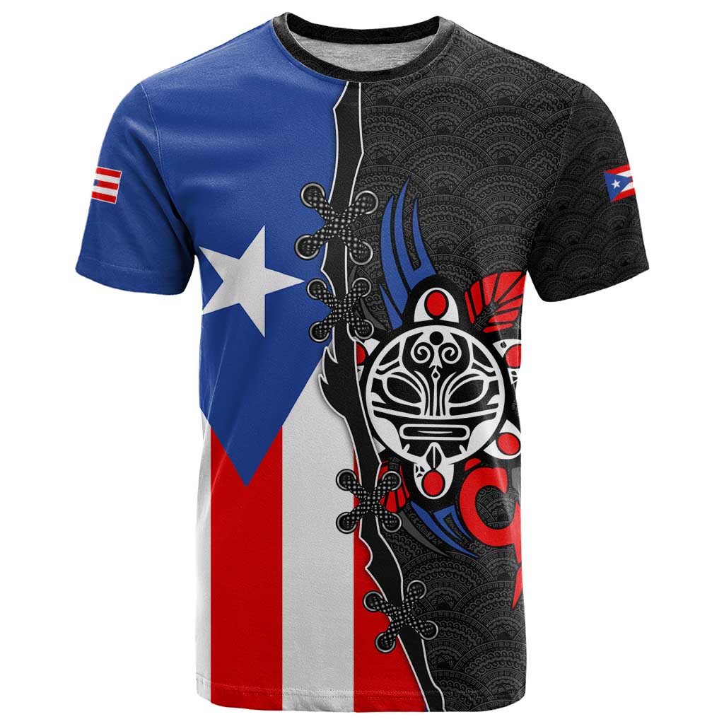 Puerto Rico T-Shirt with Tribal Sun Symbol and Flag Color Block Design Graphic Tee
