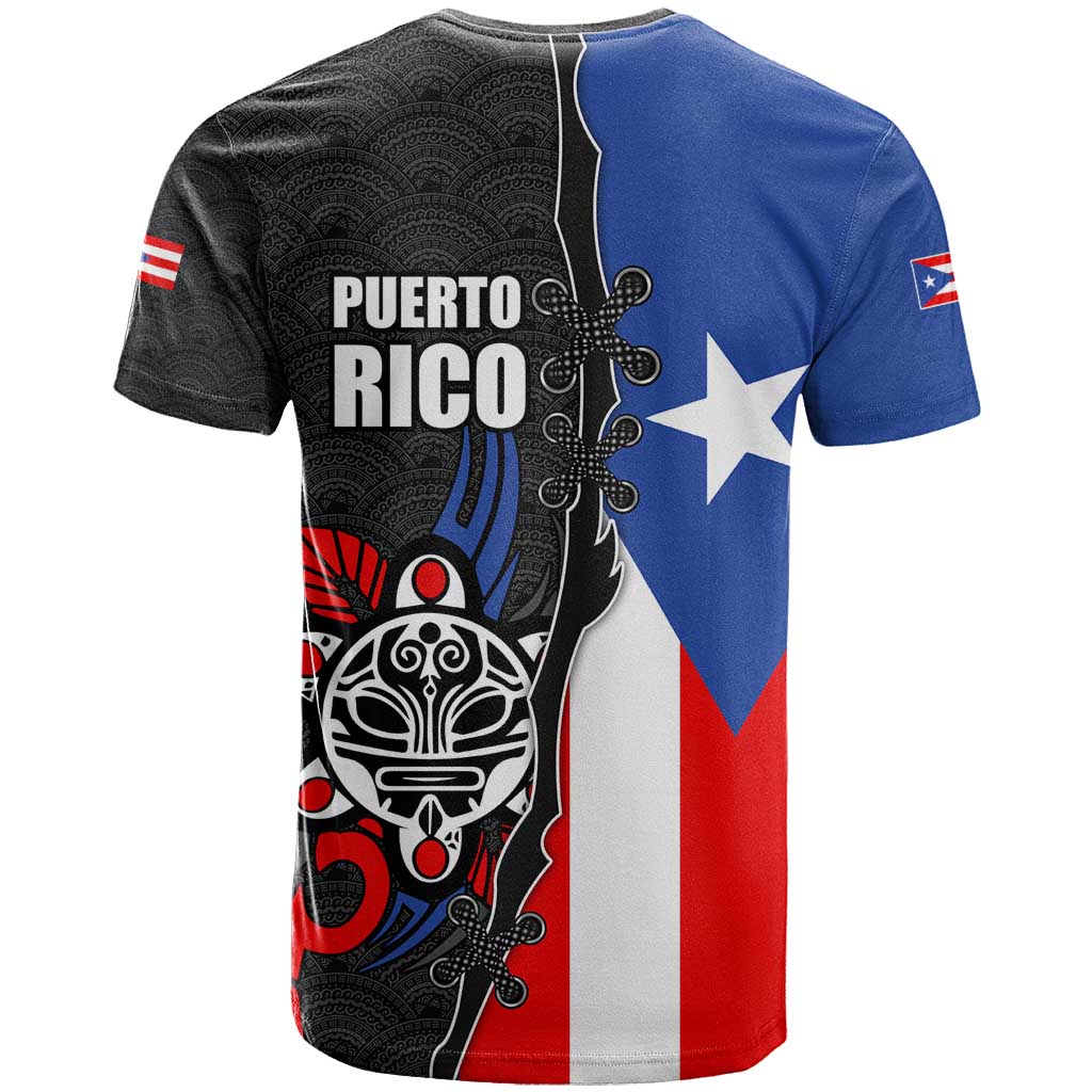 Puerto Rico T-Shirt with Tribal Sun Symbol and Flag Color Block Design Graphic Tee