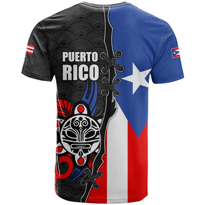 Puerto Rico T-Shirt with Tribal Sun Symbol and Flag Color Block Design Graphic Tee