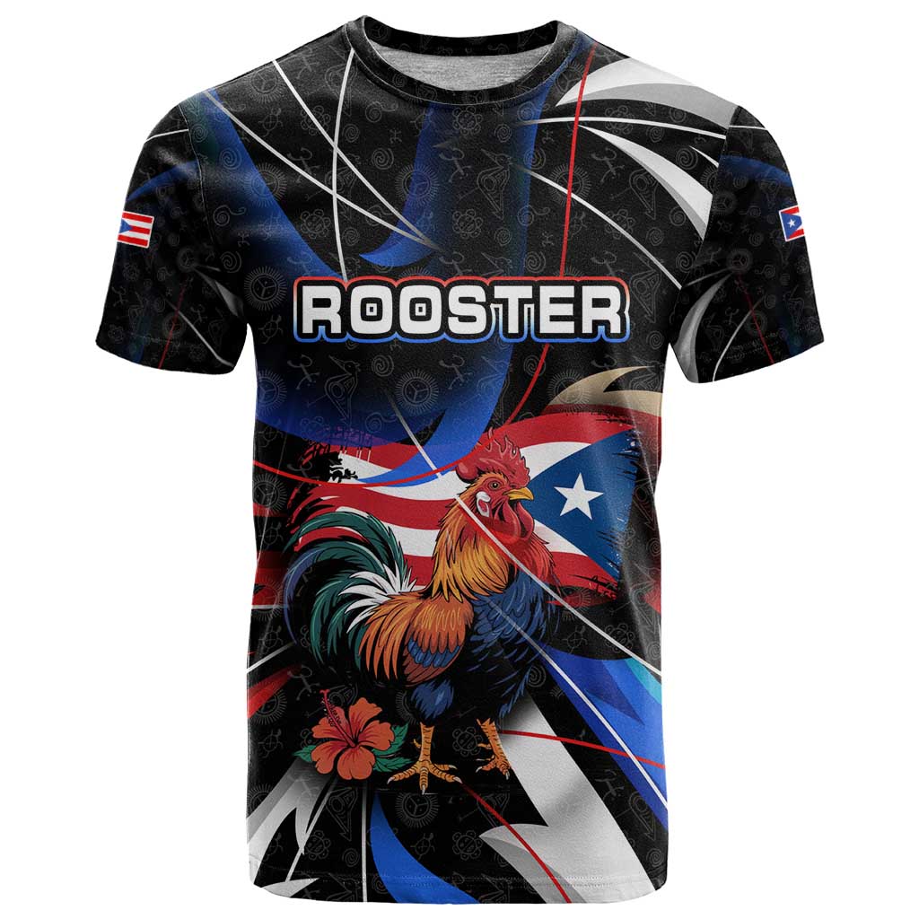 Puerto Rico Rooster T-Shirt with Flag Design and Tropical Hibiscus Flowers Graphic Tee