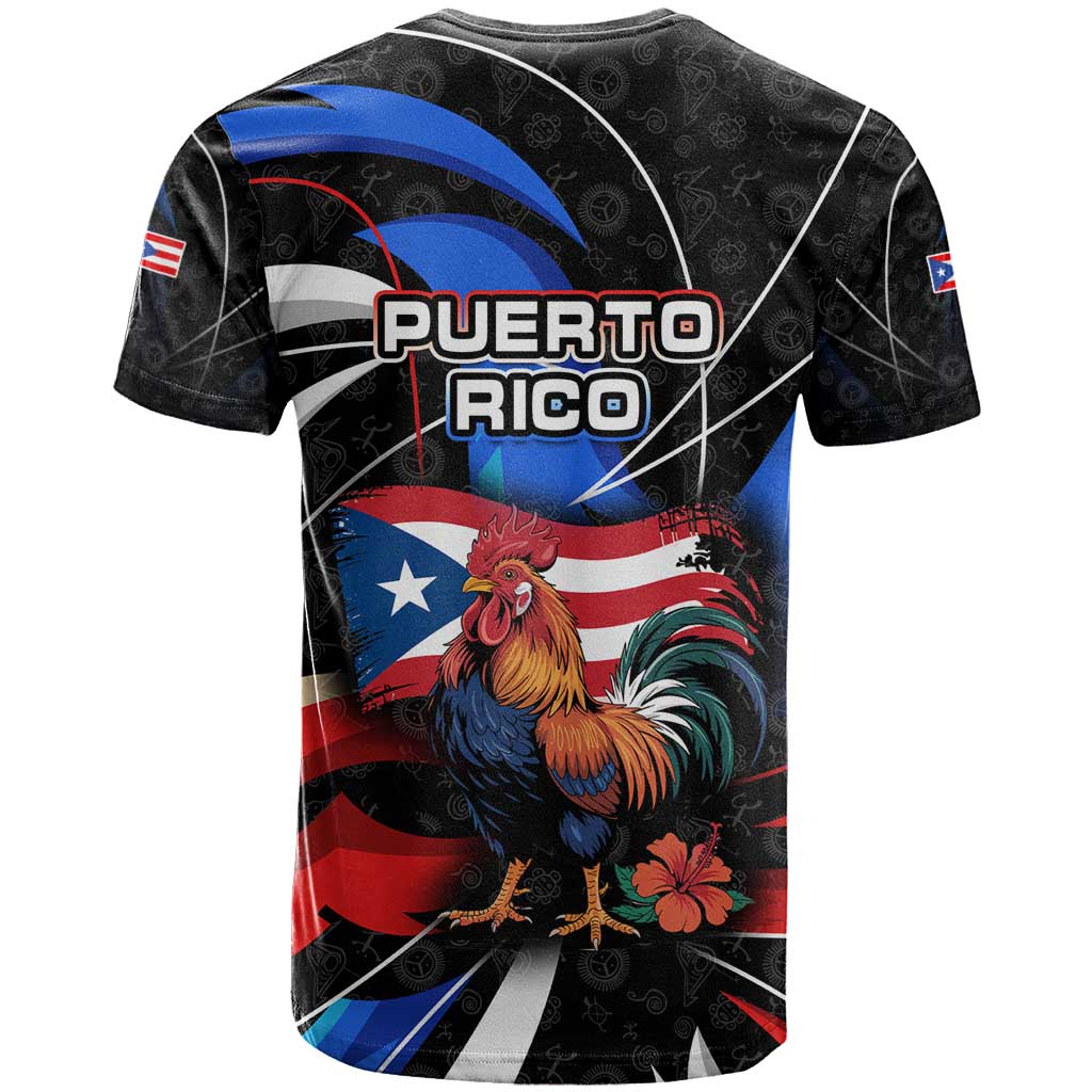 Puerto Rico Rooster T-Shirt with Flag Design and Tropical Hibiscus Flowers Graphic Tee