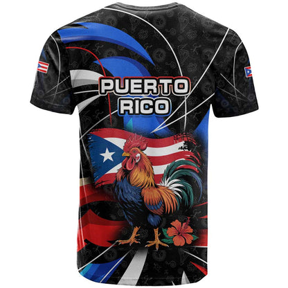 Puerto Rico Rooster T-Shirt with Flag Design and Tropical Hibiscus Flowers Graphic Tee