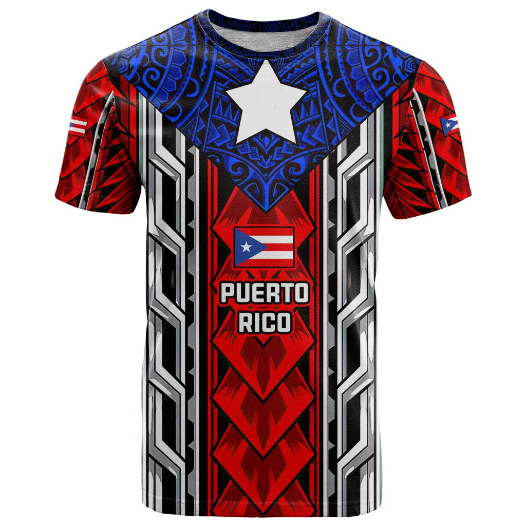 Puerto Rico T-Shirt with Tribal Patterns, Flag Emblem, and Taino Symbol Design Graphic Tee