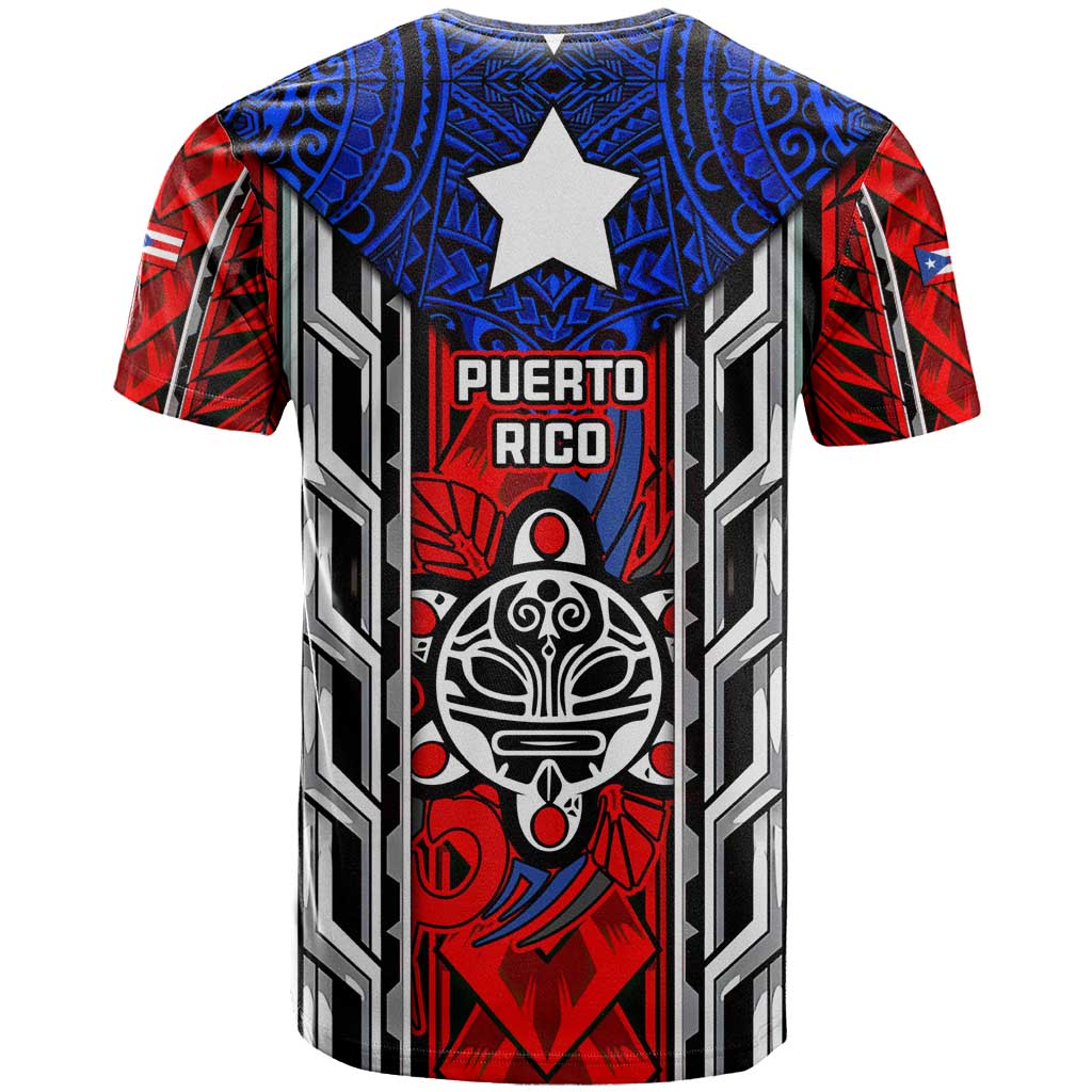 Puerto Rico T-Shirt with Tribal Patterns, Flag Emblem, and Taino Symbol Design Graphic Tee