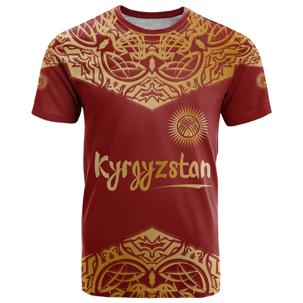 Kyrgyzstan National Symbol T-Shirt Traditional Golden Pattern in Red and Gold Graphic Tee