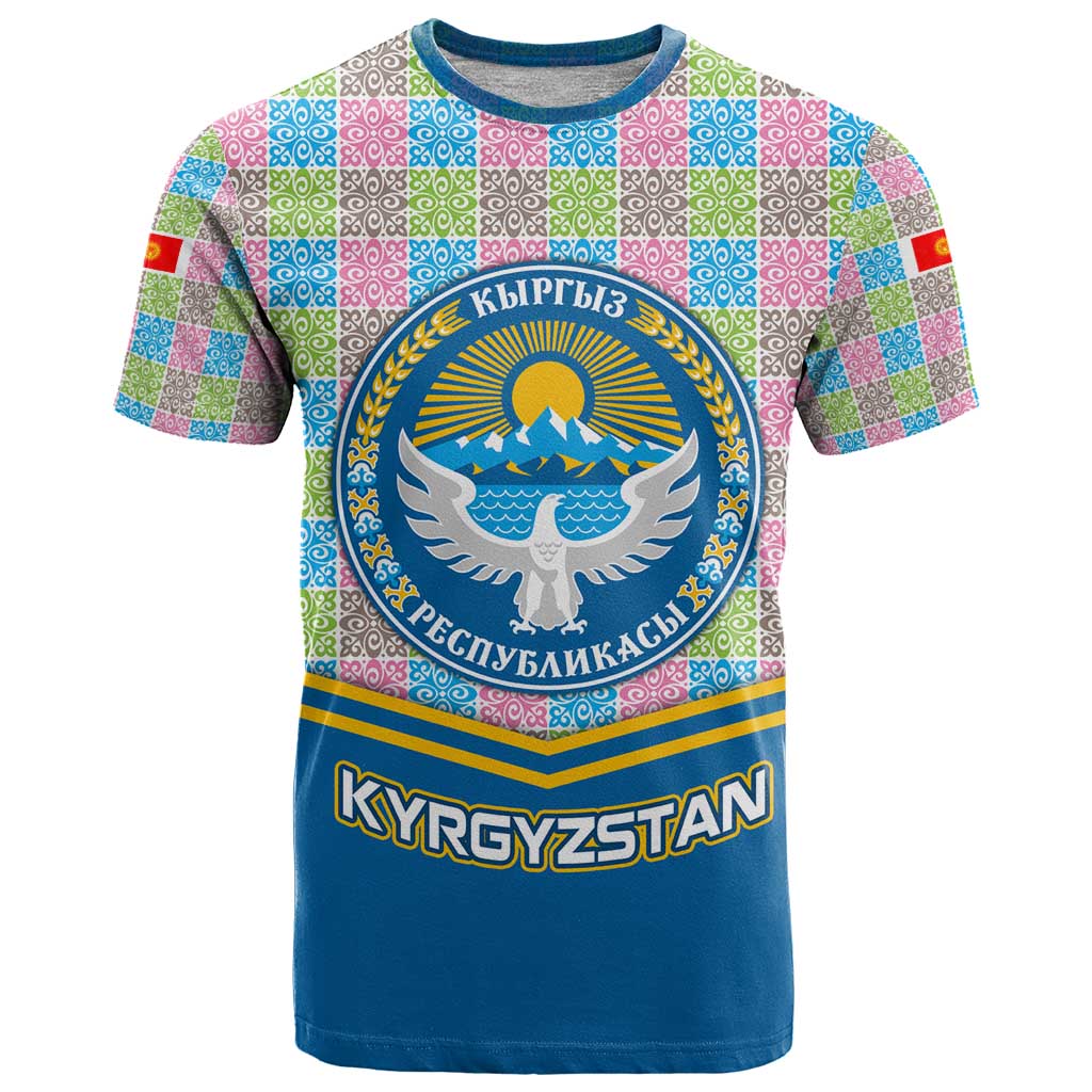 Kyrgyzstan Colorful Patchwork Pattern T-Shirt with National Crest and Flag Accents Graphic Tee