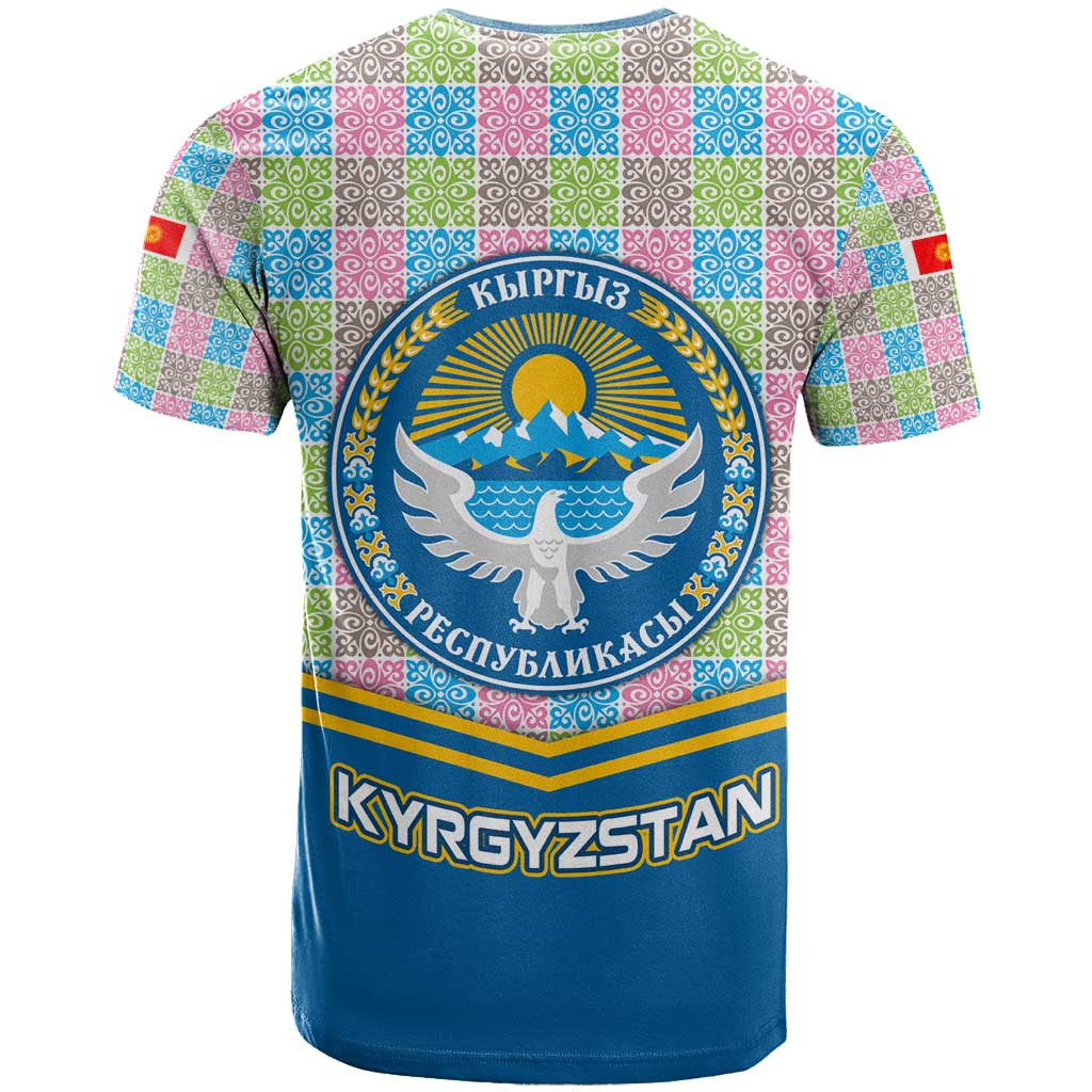Kyrgyzstan Colorful Patchwork Pattern T-Shirt with National Crest and Flag Accents Graphic Tee
