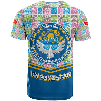 Kyrgyzstan Colorful Patchwork Pattern T-Shirt with National Crest and Flag Accents Graphic Tee