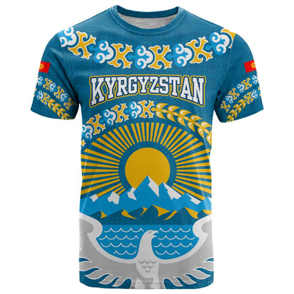 Kyrgyzstan Mountain Sunrise T-Shirt with Blue with Eagle, Sun, and National Flag Design Graphic Tee