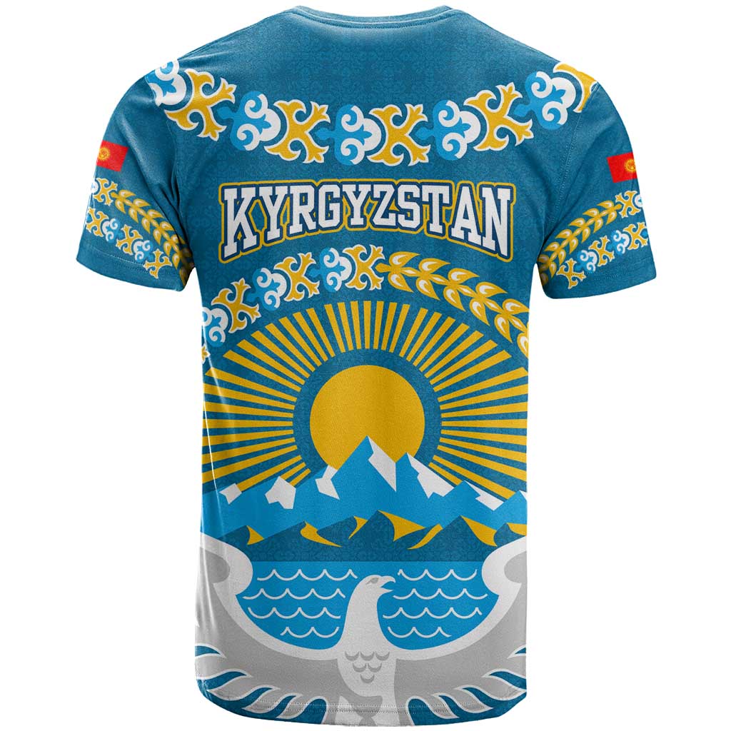 Kyrgyzstan Mountain Sunrise T-Shirt with Blue with Eagle, Sun, and National Flag Design Graphic Tee