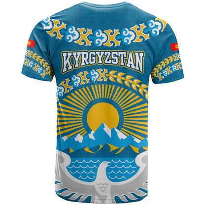 Kyrgyzstan Mountain Sunrise T-Shirt with Blue with Eagle, Sun, and National Flag Design Graphic Tee