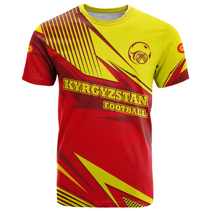 Kyrgyzstan Football T-Shirt Red and Yellow Sports with National Emblem Design Graphic Tee