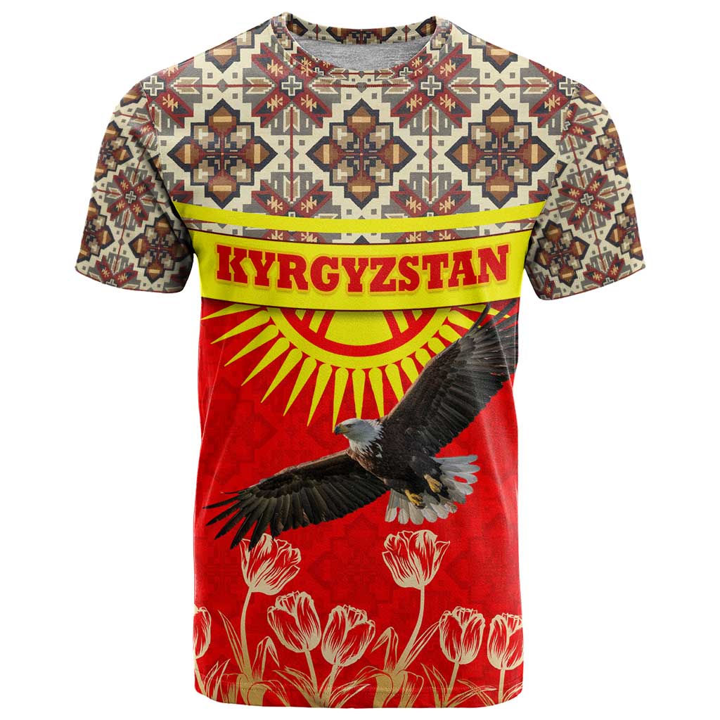 Kyrgyzstan Eagle and Tulip T-Shirt with Red Ethnic Pattern with National Sun Emblem Graphic Tee