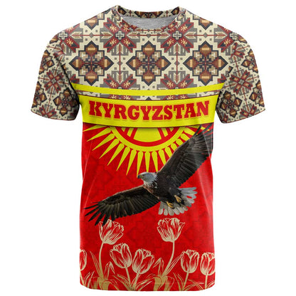 Kyrgyzstan Eagle and Tulip T-Shirt with Red Ethnic Pattern with National Sun Emblem Graphic Tee