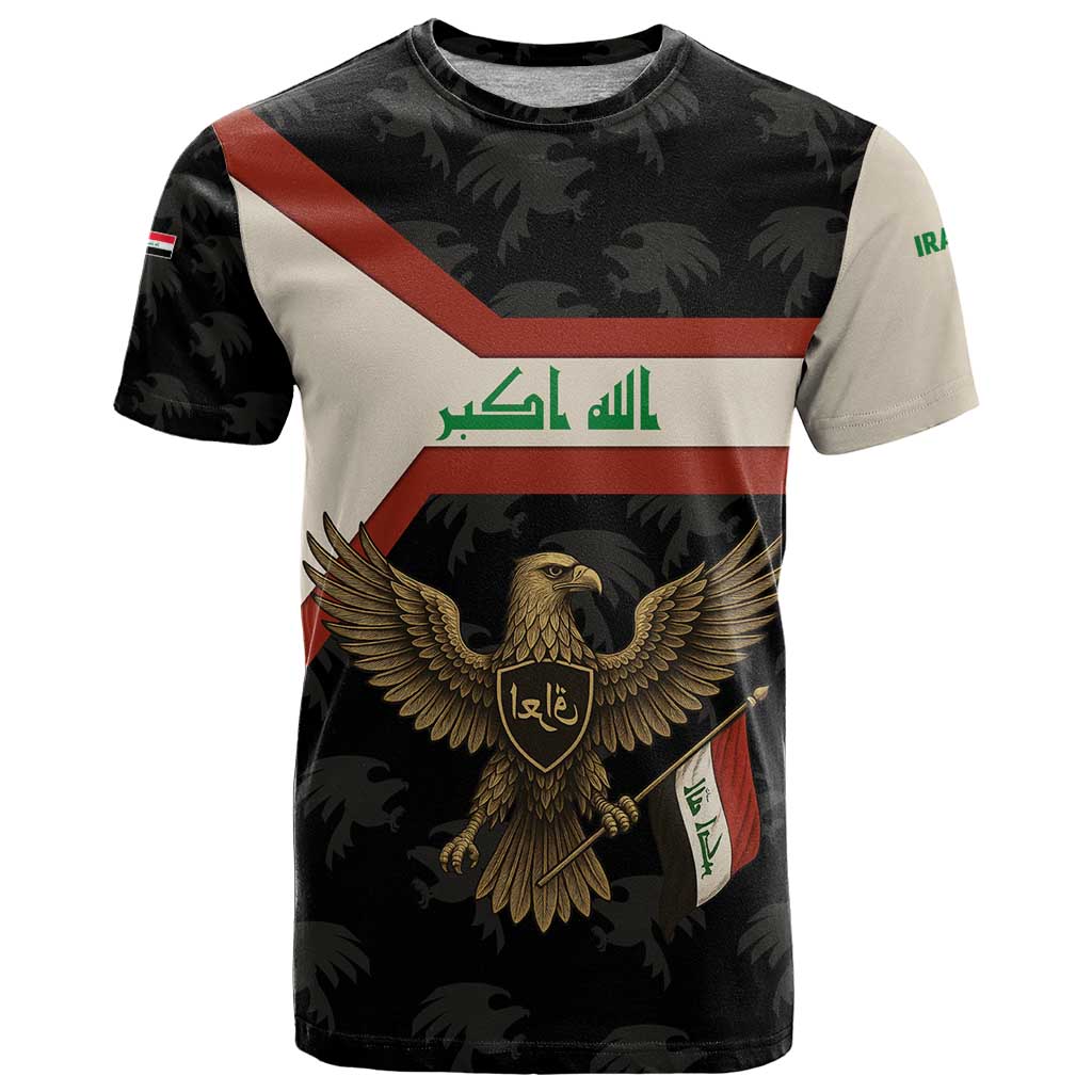 Iraq Golden Eagle Emblem T-Shirt with Flag Stripes and National Arabic Script Design Graphic Tee