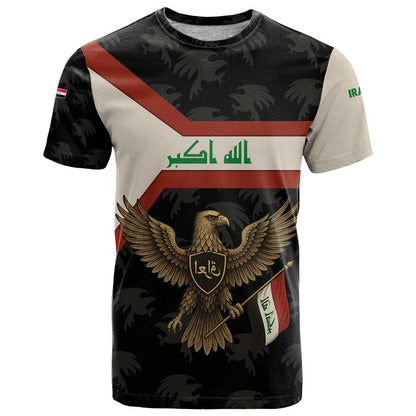 Iraq Golden Eagle Emblem T-Shirt with Flag Stripes and National Arabic Script Design Graphic Tee