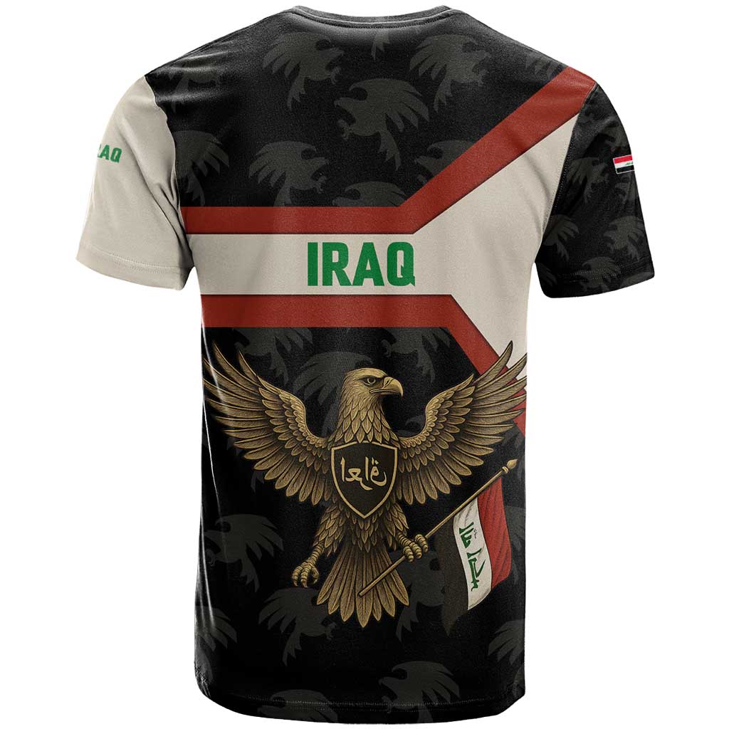 Iraq Golden Eagle Emblem T-Shirt with Flag Stripes and National Arabic Script Design Graphic Tee