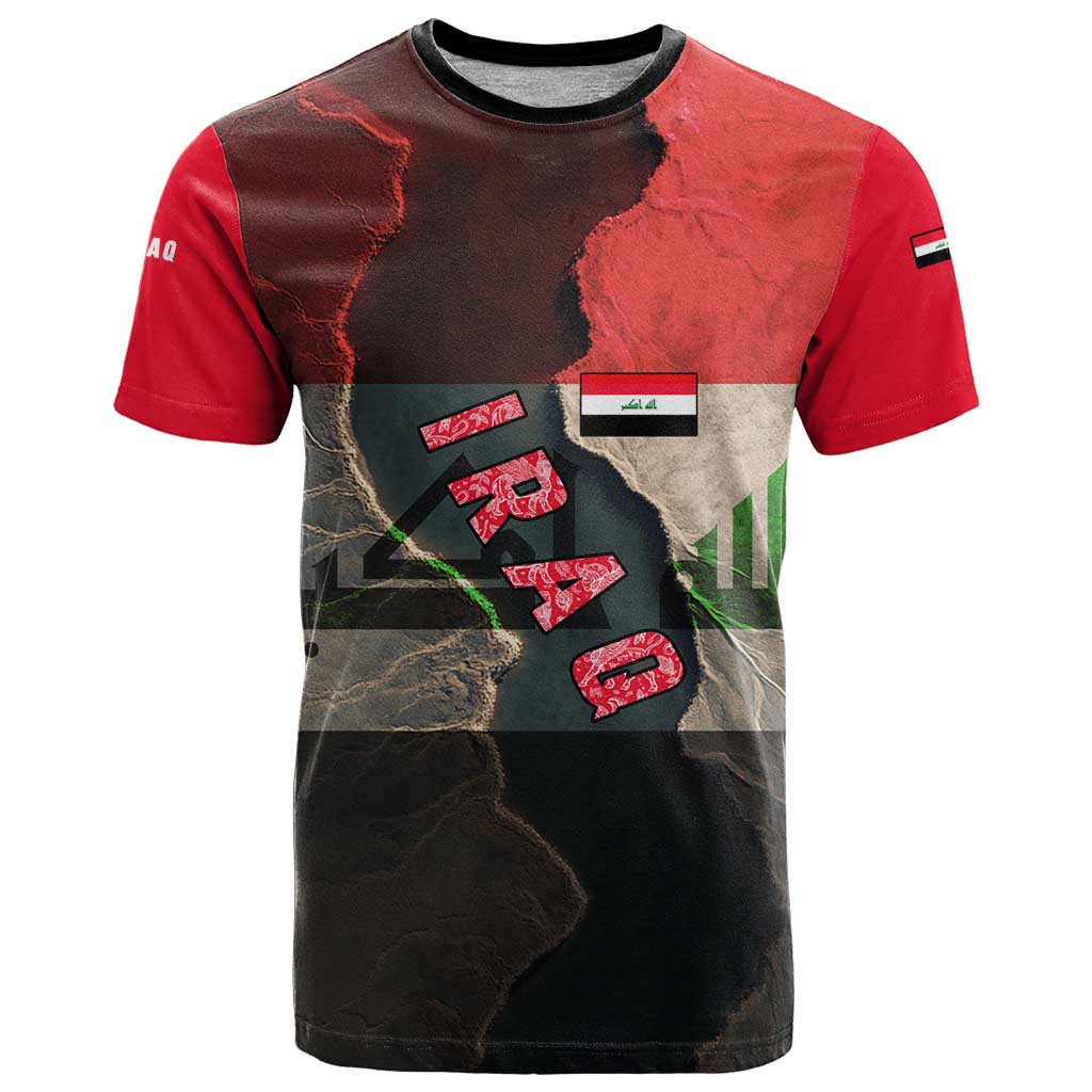 Iraq Flag Texture T-Shirt with Golden Eagle Emblem and Cracked Earth Background Design Graphic Tee