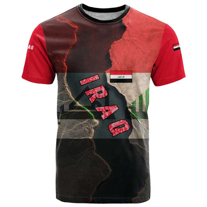 Iraq Flag Texture T-Shirt with Golden Eagle Emblem and Cracked Earth Background Design Graphic Tee