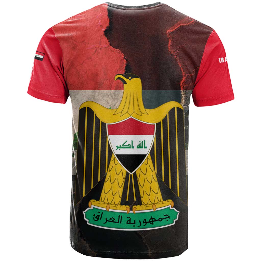 Iraq Flag Texture T-Shirt with Golden Eagle Emblem and Cracked Earth Background Design Graphic Tee