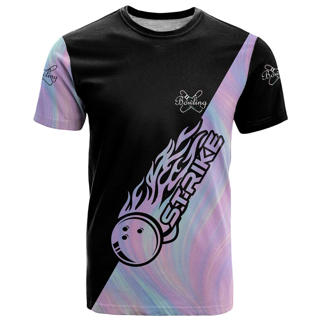 Bowling Strike Graphic T-Shirt Custom Flaming Ball and Pastel Gradient Swirl Pattern Design Graphic Tee