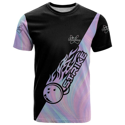 Bowling Strike Graphic T-Shirt Custom Flaming Ball and Pastel Gradient Swirl Pattern Design Graphic Tee