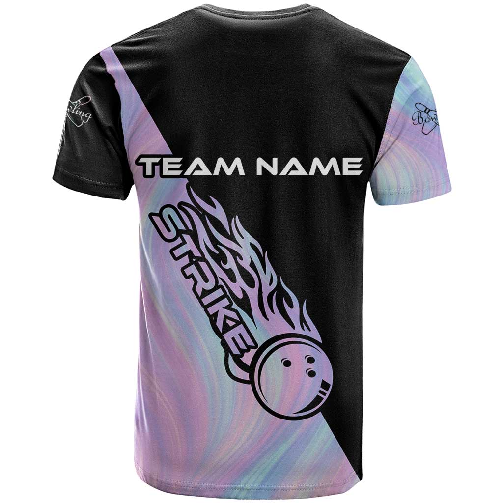 Bowling Strike Graphic T-Shirt Custom Flaming Ball and Pastel Gradient Swirl Pattern Design Graphic Tee