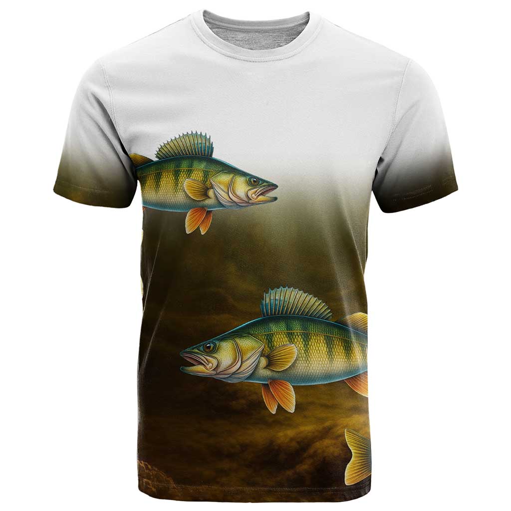 Walleye Fishing Yellow Scales Customize Name T-Shirt Dark Gradient Water Background Graphic Tee