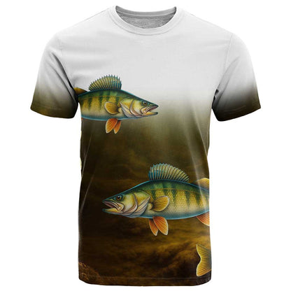 Walleye Fishing Yellow Scales Customize Name T-Shirt Dark Gradient Water Background Graphic Tee